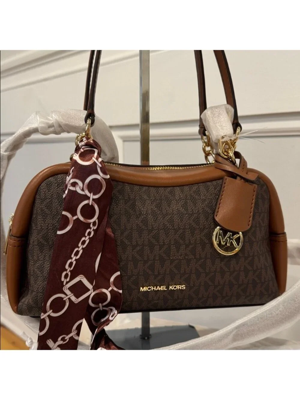 Michael Kors Bag Jet Set Signature Brown Leather Satchel Crossbody